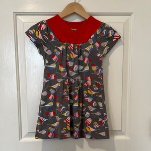Tea Brand Charming Kids Dress with Red Collar and Fun Bird Design